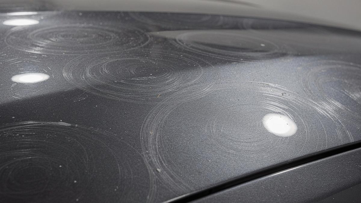 Bonnet before correction with swirl marks and wash haze visible under the same lamp