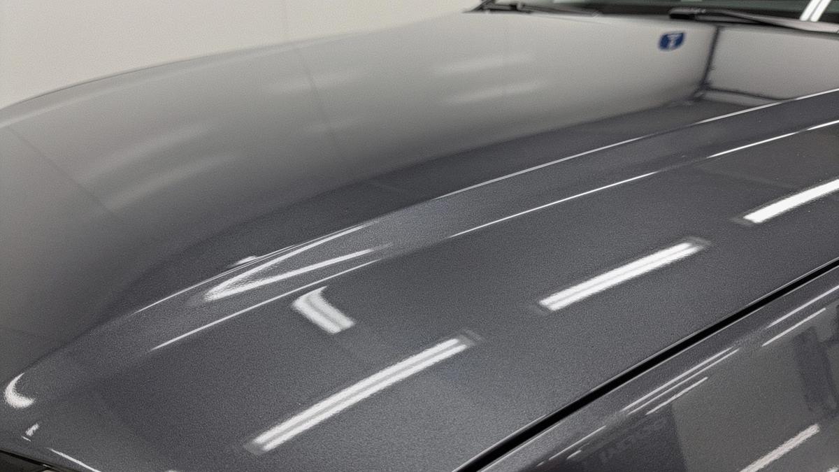 Bonnet after correction and ceramic coating, deep reflective finish under inspection lamp