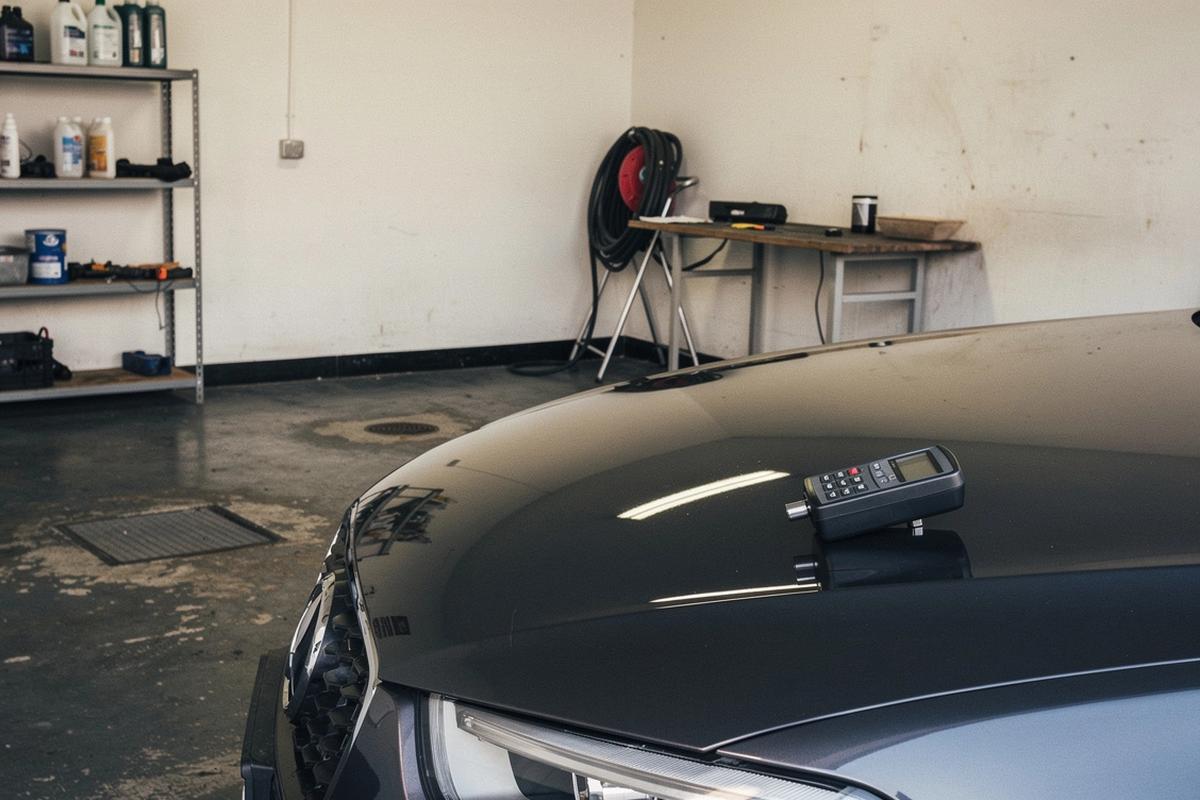 Detailing bay in Kyiv with a paint depth gauge resting on a freshly coated hood