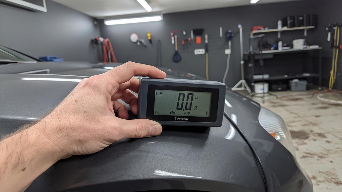 Technician reading paint depth across a car bonnet with a digital gauge before quoting a correction price