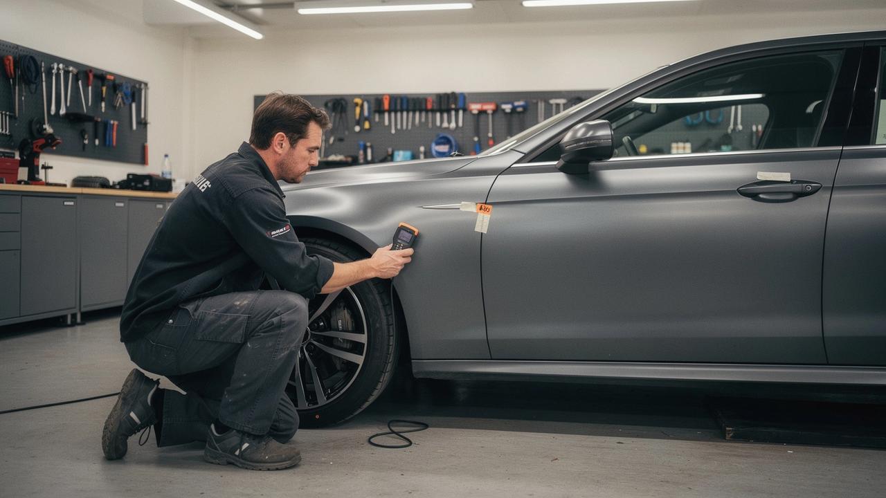 Technician taking paint depth readings with a gauge beside a car in a detailing bay