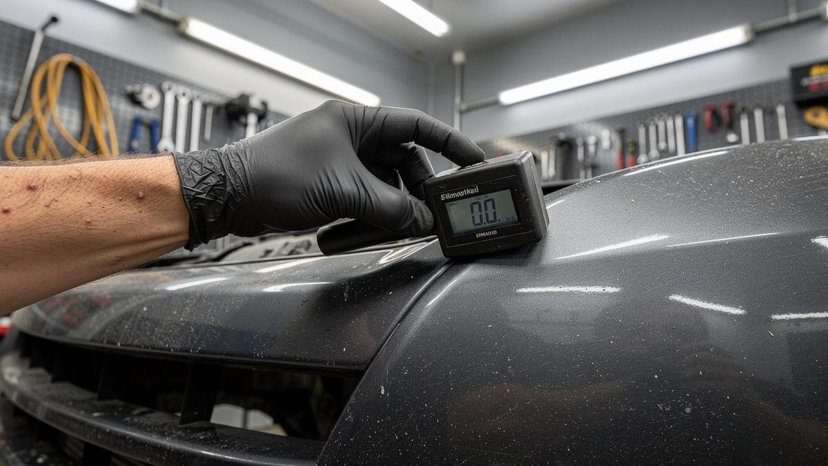 Technician holding a film thickness gauge against the coated panel of a car bumper