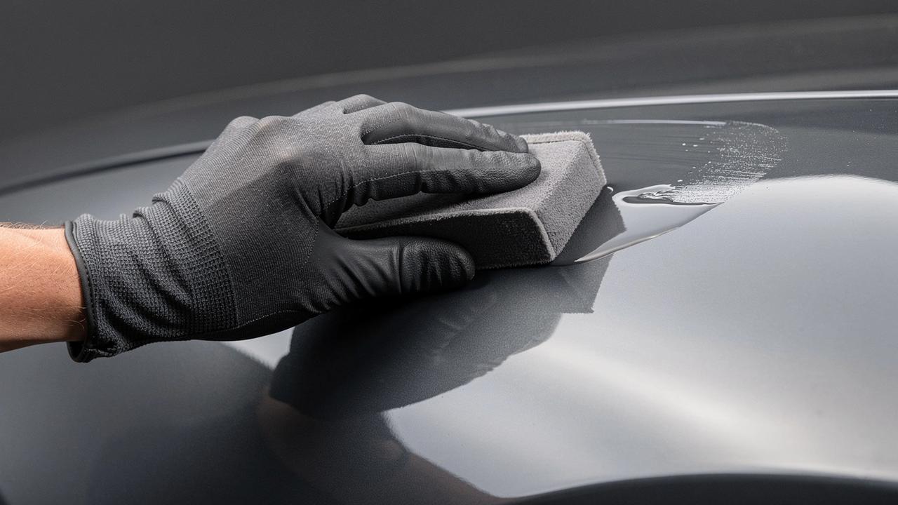 Applicator block spreading ceramic coating over a corrected dark paint panel