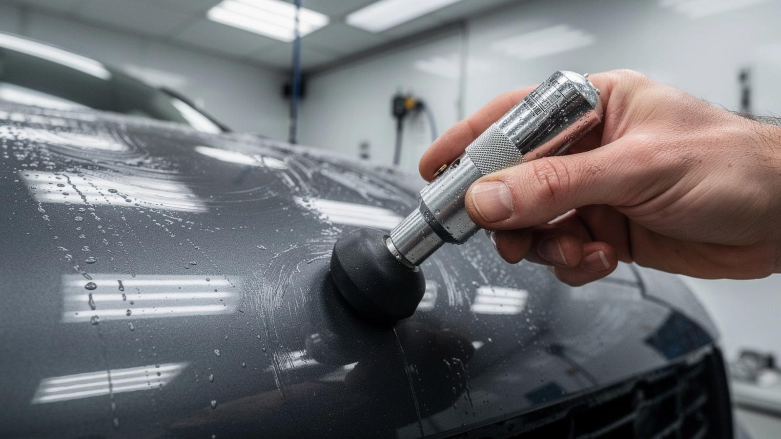 Paint depth gauge held against a dark car hood during a paint correction assessment