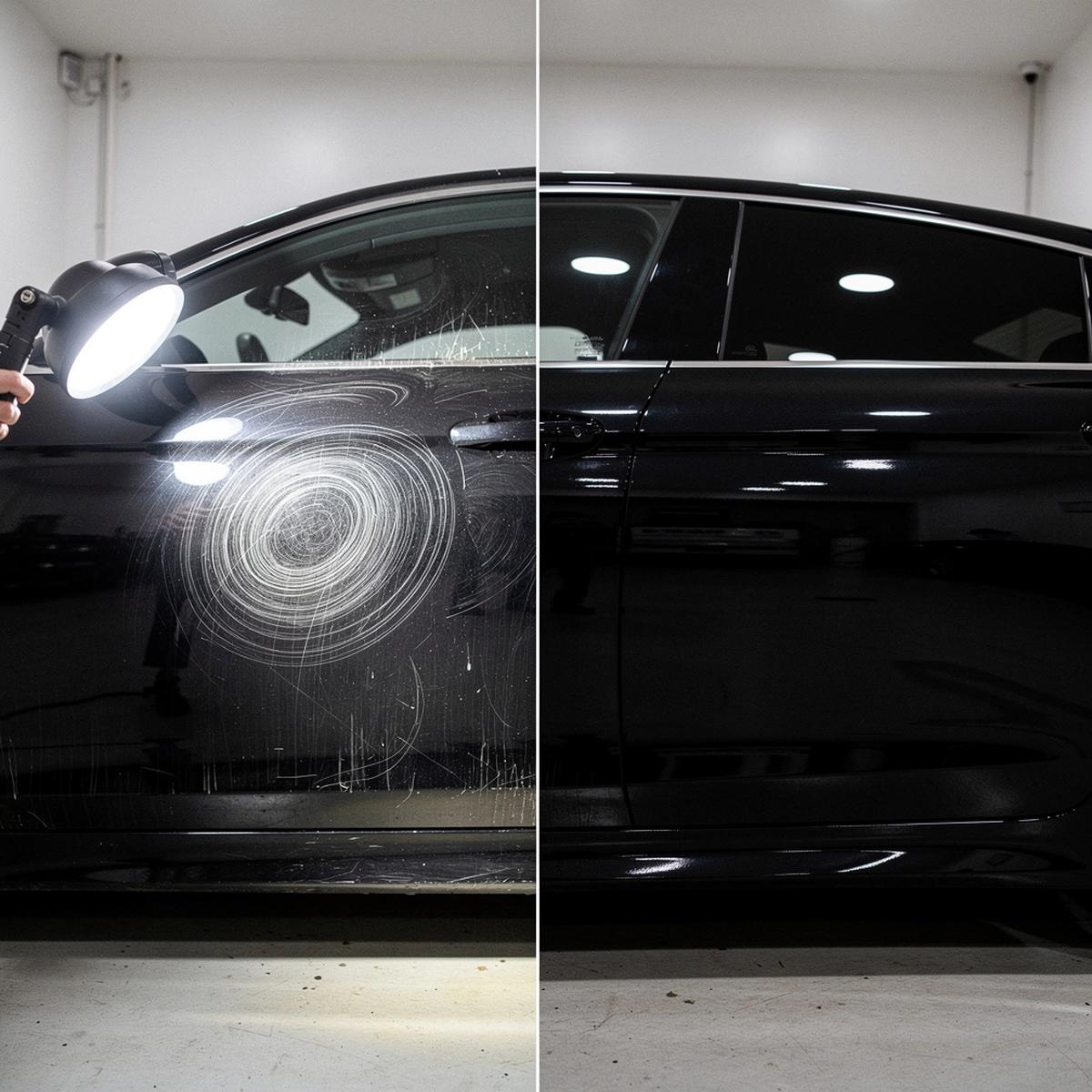 Split view of a black car panel with swirl marks before correction and deep gloss after