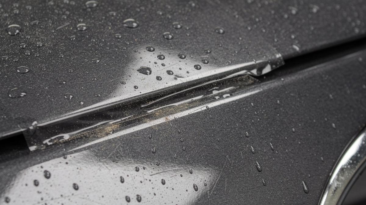 Macro photograph of a paint protection film edge on a coated dark bonnet with a paint depth callout